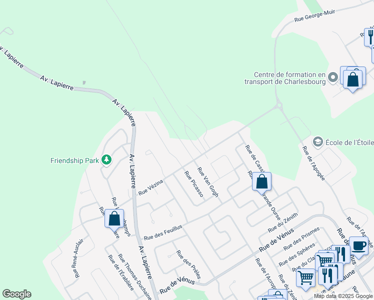 map of restaurants, bars, coffee shops, grocery stores, and more near Rue Van Gogh in Québec