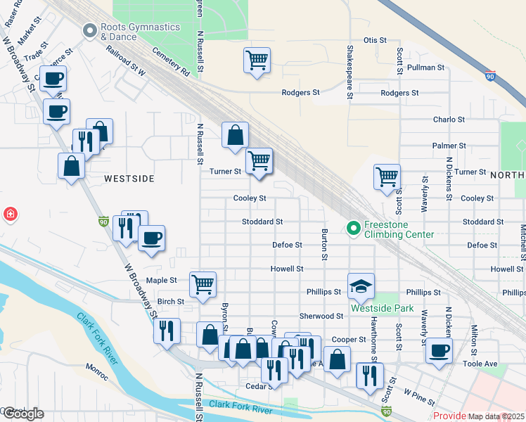 map of restaurants, bars, coffee shops, grocery stores, and more near 28 Stoddard Street in Missoula