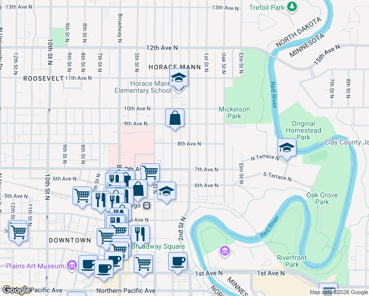 map of restaurants, bars, coffee shops, grocery stores, and more near 733 2nd Street North in Fargo