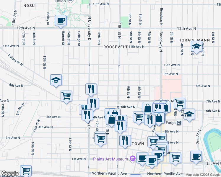 map of restaurants, bars, coffee shops, grocery stores, and more near 721 11th Street North in Fargo