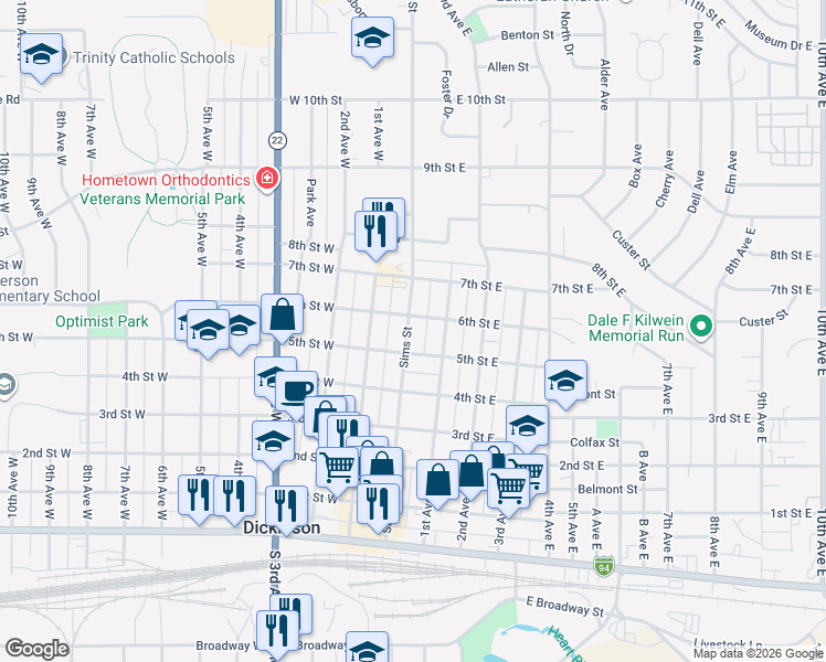 map of restaurants, bars, coffee shops, grocery stores, and more near 530 Sims Street in Dickinson