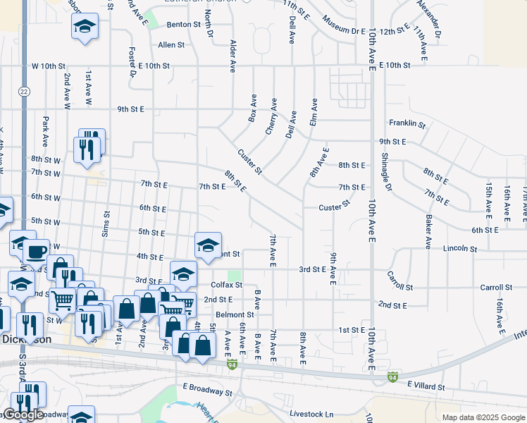 map of restaurants, bars, coffee shops, grocery stores, and more near 417-589 7th Avenue East in Dickinson