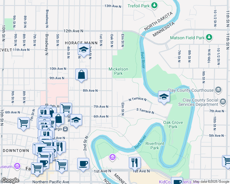 map of restaurants, bars, coffee shops, grocery stores, and more near 727 Oak Street North in Fargo