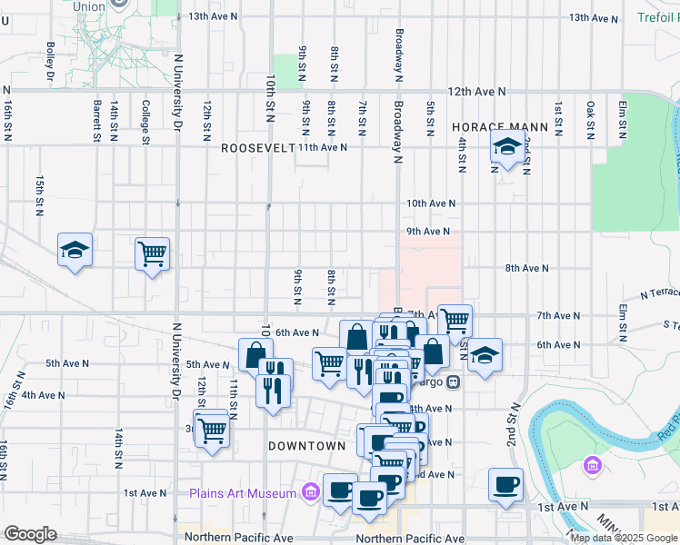 map of restaurants, bars, coffee shops, grocery stores, and more near 721 8th Street North in Fargo