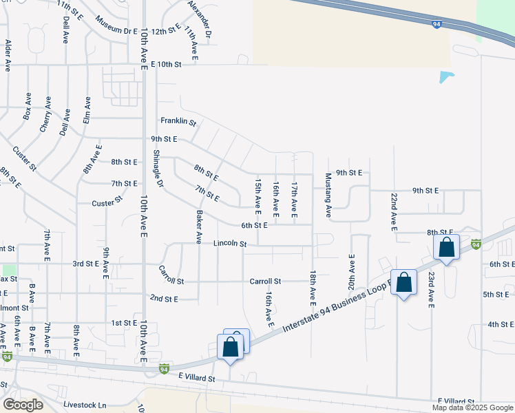 map of restaurants, bars, coffee shops, grocery stores, and more near 701 15th Avenue East in Dickinson