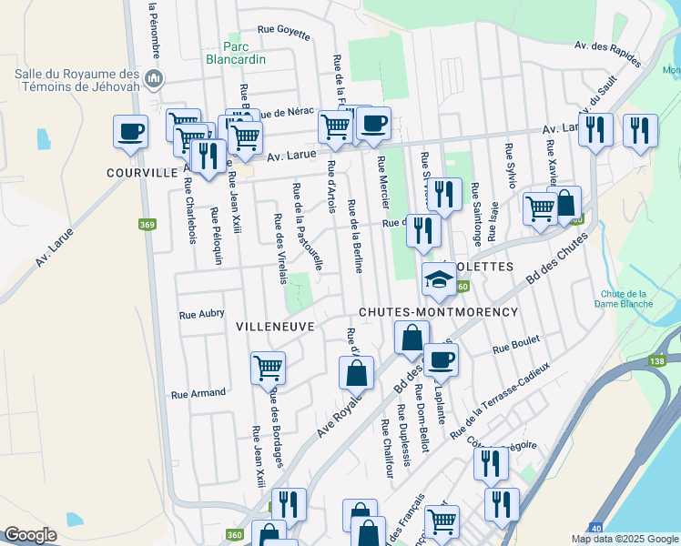 map of restaurants, bars, coffee shops, grocery stores, and more near Rue d'Artois in Ville de Québec