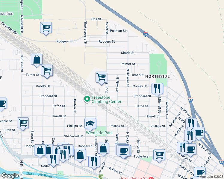 map of restaurants, bars, coffee shops, grocery stores, and more near 1028 Stoddard Street in Missoula