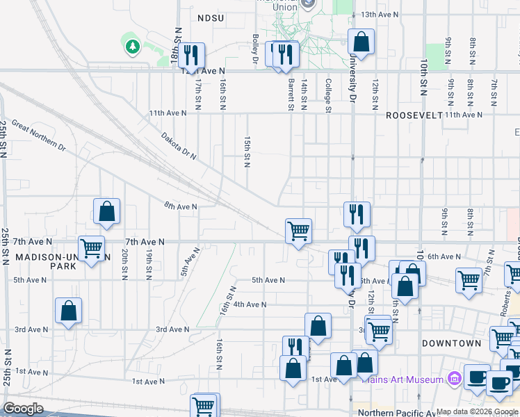 map of restaurants, bars, coffee shops, grocery stores, and more near 1430 Dakota Drive North in Fargo