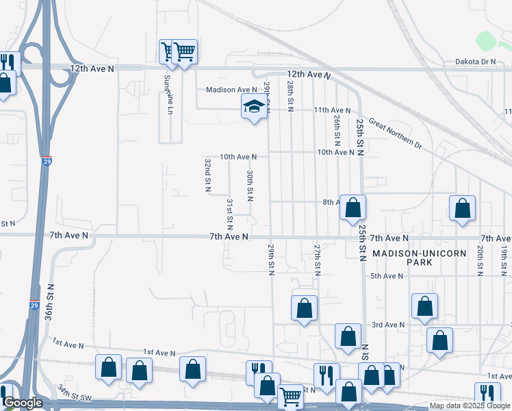 map of restaurants, bars, coffee shops, grocery stores, and more near 713 30th Street North in Fargo