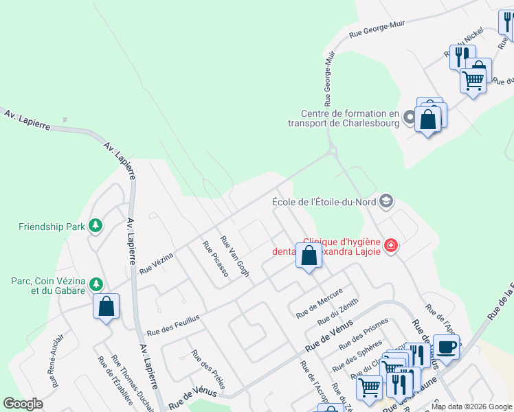 map of restaurants, bars, coffee shops, grocery stores, and more near 6635 Rue Vézina in Québec