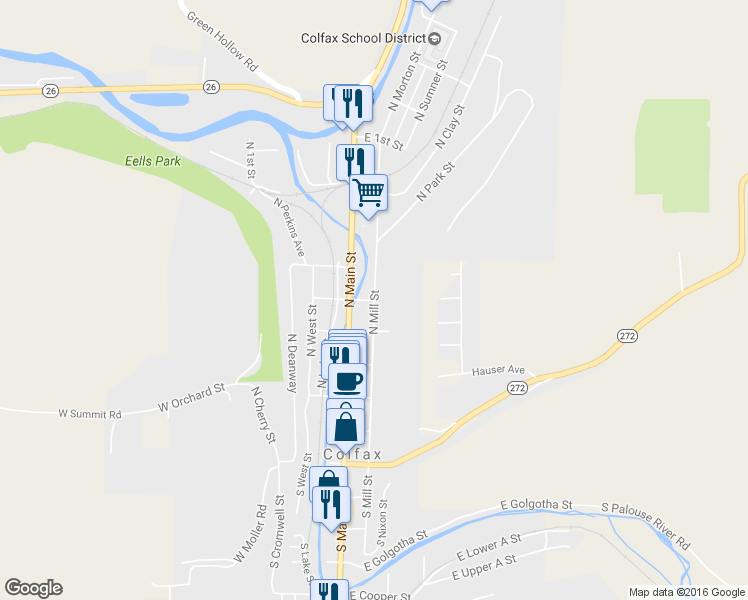 map of restaurants, bars, coffee shops, grocery stores, and more near North Mill Street in Colfax