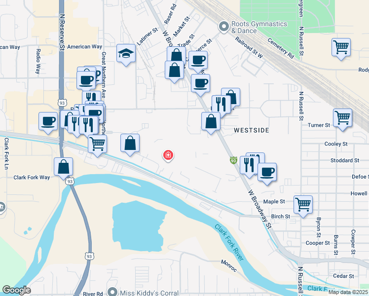 map of restaurants, bars, coffee shops, grocery stores, and more near 2360 Great Northern Avenue in Missoula