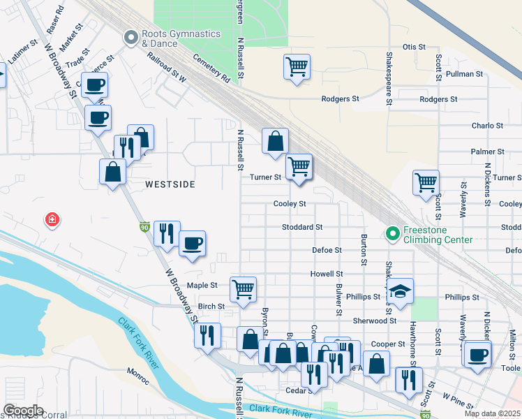 map of restaurants, bars, coffee shops, grocery stores, and more near 1300 Byron Street in Missoula