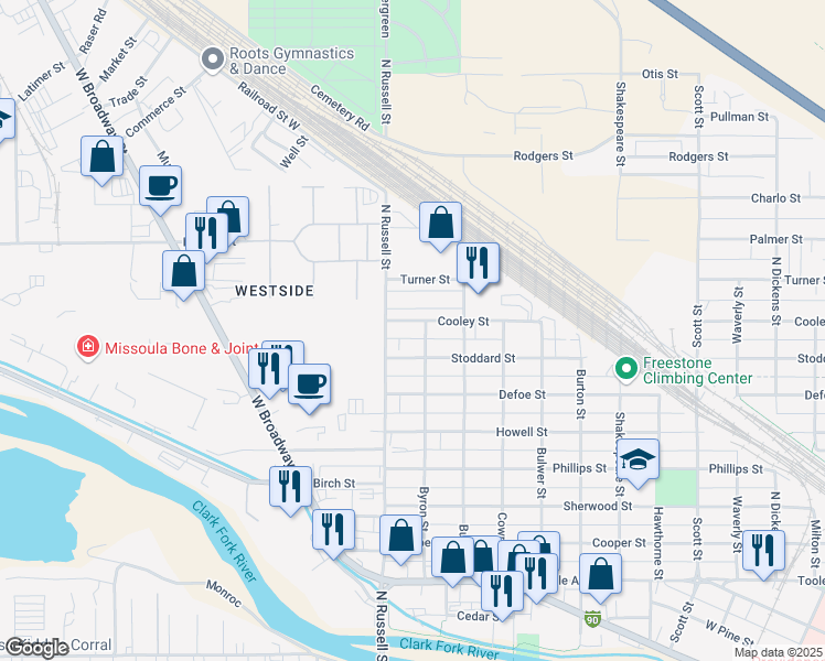 map of restaurants, bars, coffee shops, grocery stores, and more near 1820 Stoddard Street in Missoula