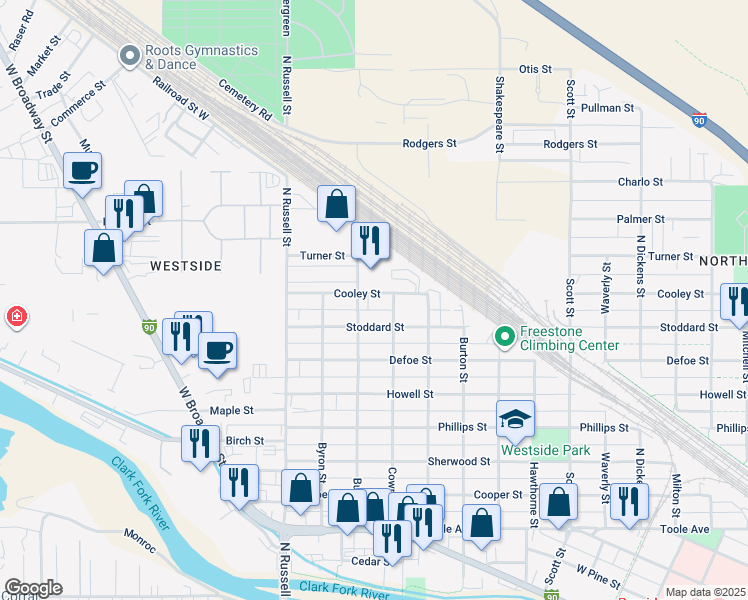 map of restaurants, bars, coffee shops, grocery stores, and more near 1645 Cooley Street in Missoula