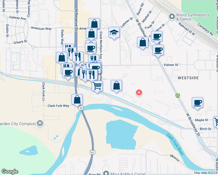 map of restaurants, bars, coffee shops, grocery stores, and more near 2200 Great Northern Avenue in Missoula