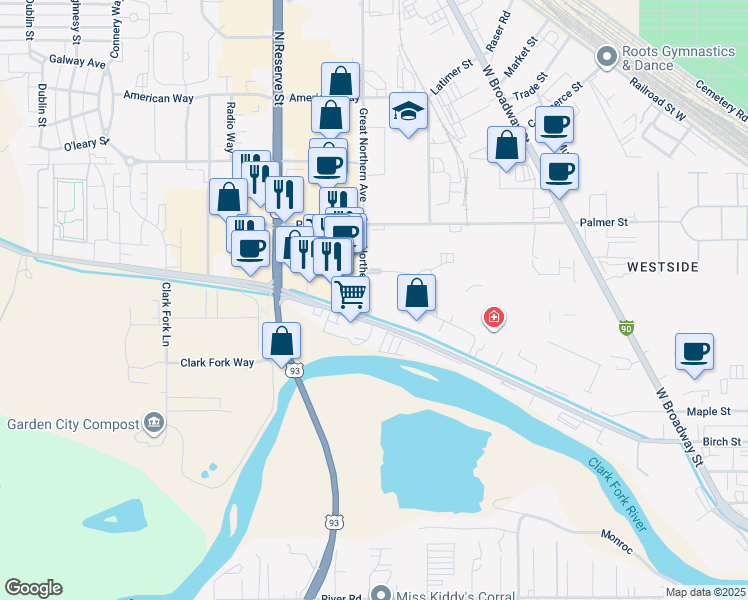 map of restaurants, bars, coffee shops, grocery stores, and more near 2200 Great Northern Avenue in Missoula