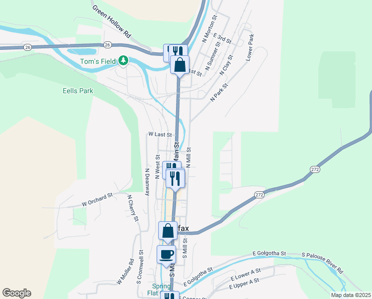 map of restaurants, bars, coffee shops, grocery stores, and more near 504 North Mill Street in Colfax