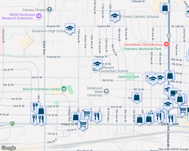 map of restaurants, bars, coffee shops, grocery stores, and more near 599 11th Avenue West in Dickinson