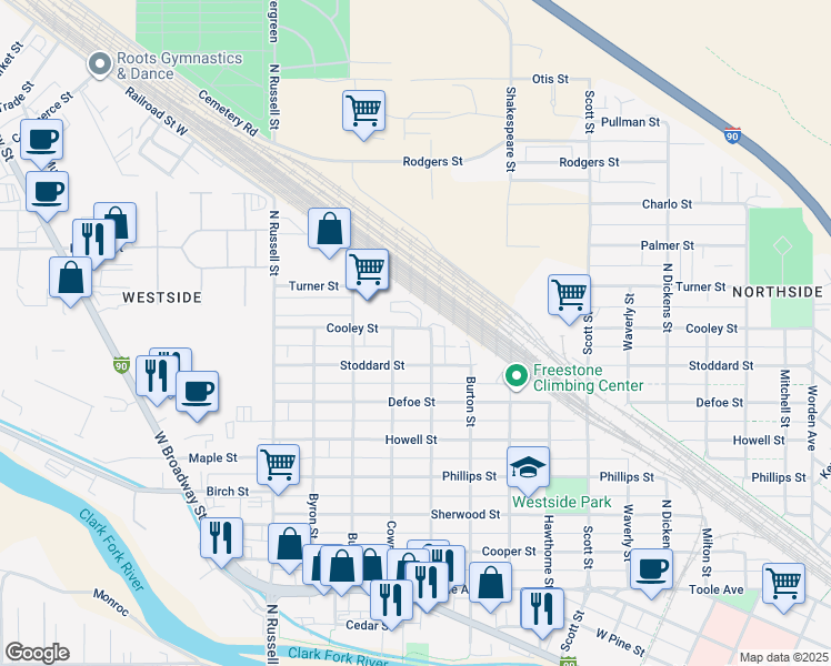 map of restaurants, bars, coffee shops, grocery stores, and more near 1530 Cooley Street in Missoula