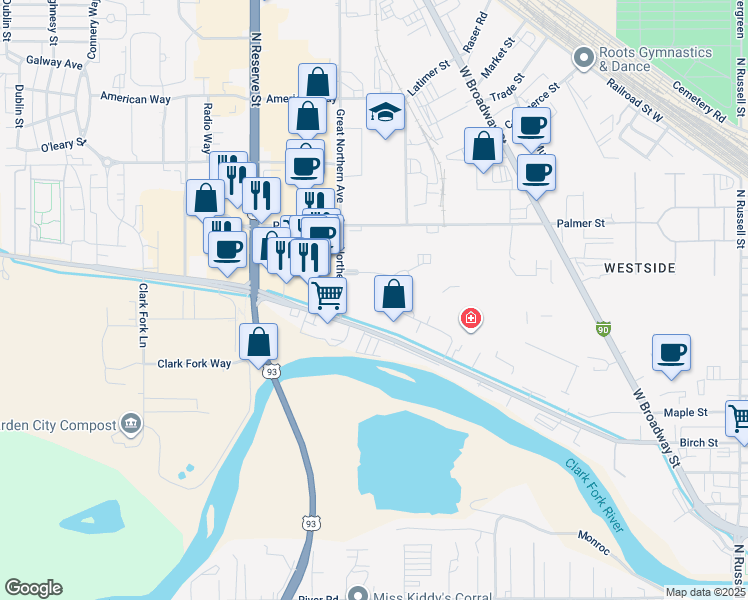 map of restaurants, bars, coffee shops, grocery stores, and more near 2200 Great Northern Avenue in Missoula