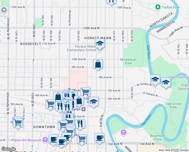 map of restaurants, bars, coffee shops, grocery stores, and more near 821 3rd Street North in Fargo