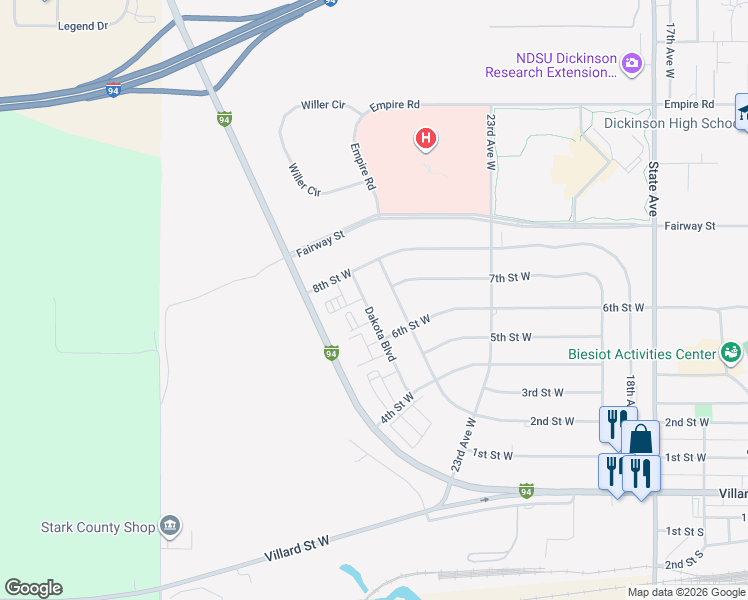 map of restaurants, bars, coffee shops, grocery stores, and more near 2650 Dakota Boulevard in Dickinson
