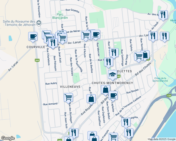 map of restaurants, bars, coffee shops, grocery stores, and more near 89 Rue d'Artois in Ville de Québec