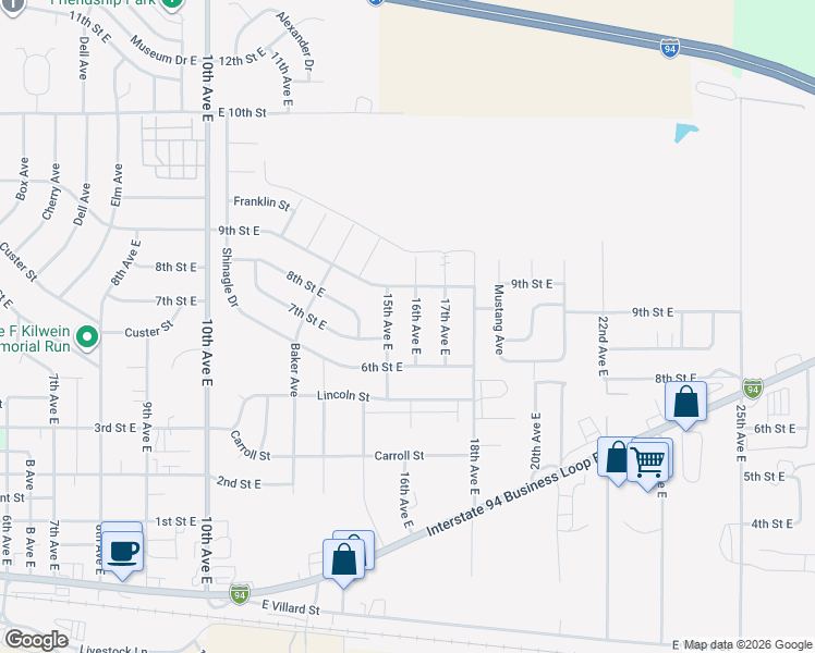 map of restaurants, bars, coffee shops, grocery stores, and more near 691-973 16th Avenue East in Dickinson