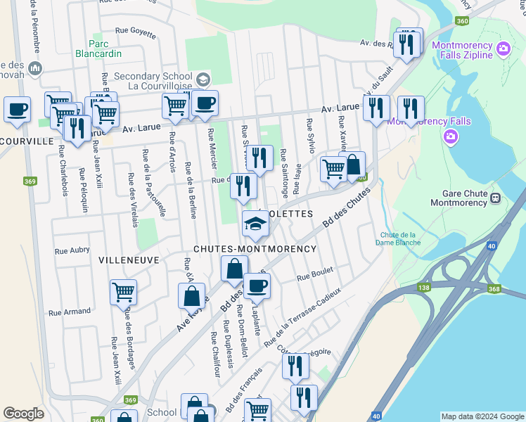map of restaurants, bars, coffee shops, grocery stores, and more near 16 Rue Vachon in Québec