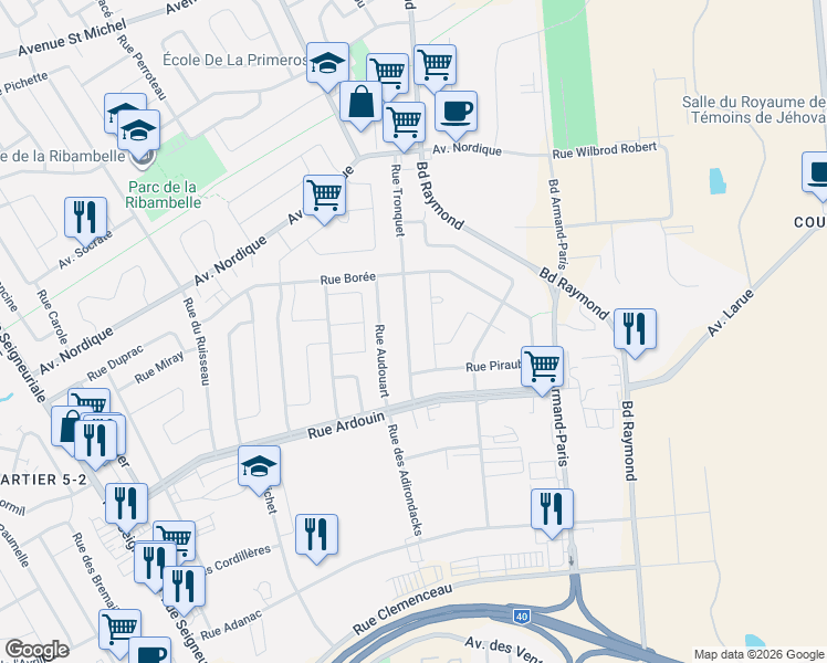 map of restaurants, bars, coffee shops, grocery stores, and more near 408 Rue Tronquet in Québec