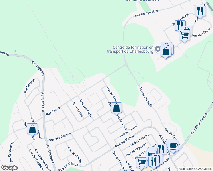 map of restaurants, bars, coffee shops, grocery stores, and more near Rue de Cassiopée in Ville de Québec