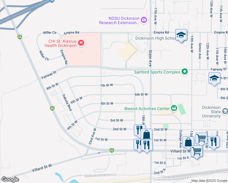 map of restaurants, bars, coffee shops, grocery stores, and more near 2156 6th Street West in Dickinson