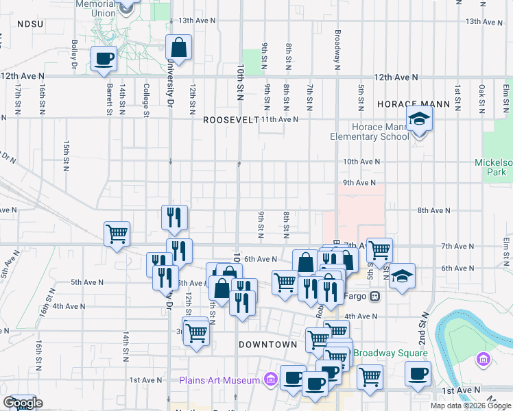 map of restaurants, bars, coffee shops, grocery stores, and more near 901 8th Avenue North in Fargo