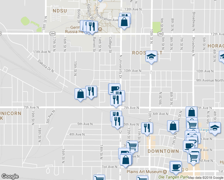 map of restaurants, bars, coffee shops, grocery stores, and more near 1321 8th Avenue North in Fargo