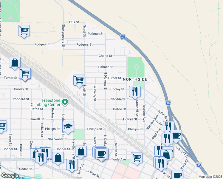 map of restaurants, bars, coffee shops, grocery stores, and more near 1410 North Dickens Street in Missoula