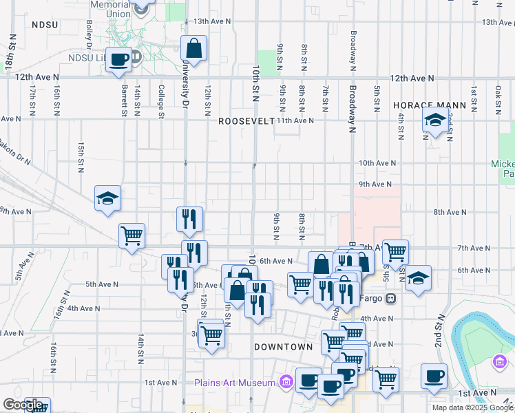map of restaurants, bars, coffee shops, grocery stores, and more near 821 10th Street North in Fargo