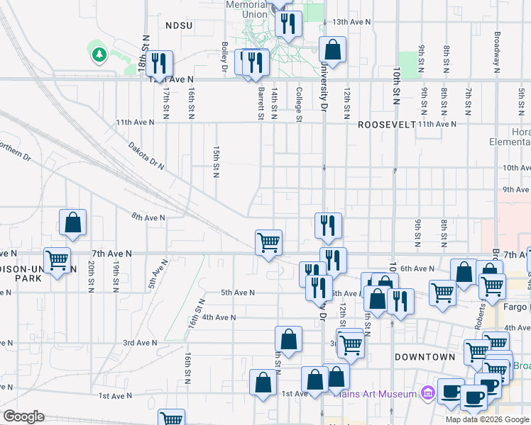 map of restaurants, bars, coffee shops, grocery stores, and more near 825 14th Street North in Fargo