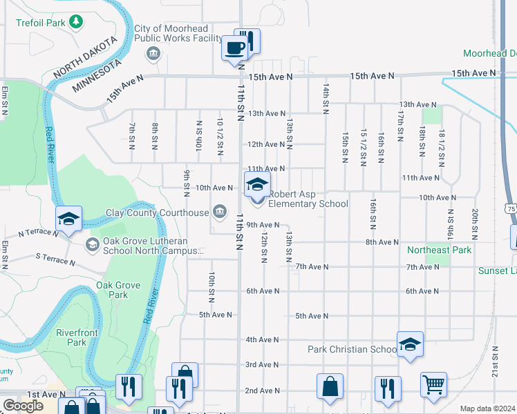 map of restaurants, bars, coffee shops, grocery stores, and more near 910 11th Street North in Moorhead