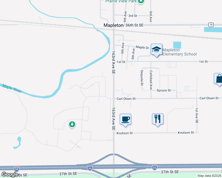 map of restaurants, bars, coffee shops, grocery stores, and more near 20 163rd Avenue Southeast in Mapleton