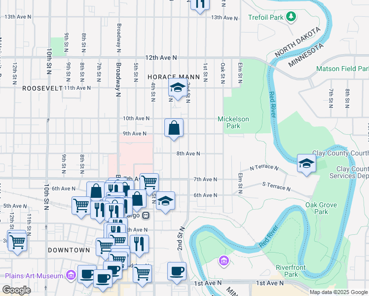 map of restaurants, bars, coffee shops, grocery stores, and more near 819 2nd Street North in Fargo