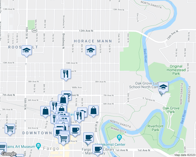 map of restaurants, bars, coffee shops, grocery stores, and more near 819 2nd Street North in Fargo