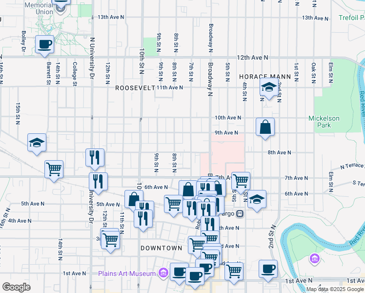 map of restaurants, bars, coffee shops, grocery stores, and more near 821 8th Street North in Fargo