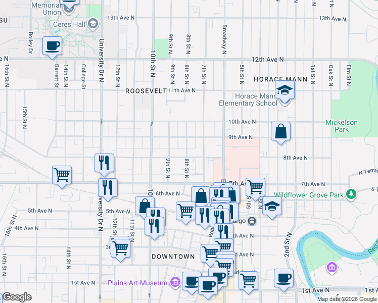map of restaurants, bars, coffee shops, grocery stores, and more near 821 8th Street North in Fargo