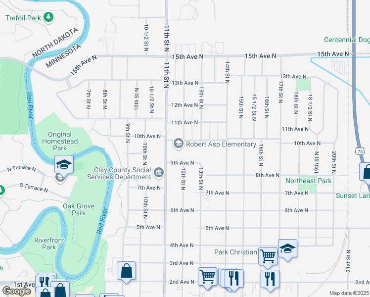 map of restaurants, bars, coffee shops, grocery stores, and more near 910 11th Street North in Moorhead