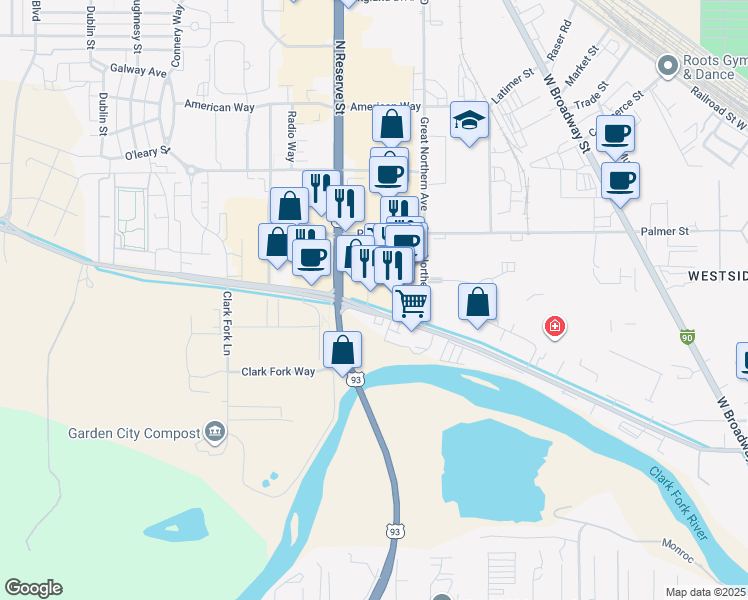 map of restaurants, bars, coffee shops, grocery stores, and more near 2230 North Reserve Street in Missoula