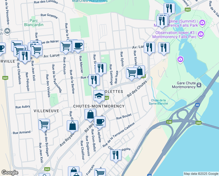 map of restaurants, bars, coffee shops, grocery stores, and more near 2315 Avenue Royale in Quebec City