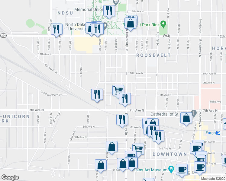 map of restaurants, bars, coffee shops, grocery stores, and more near 817 College Street North in Fargo