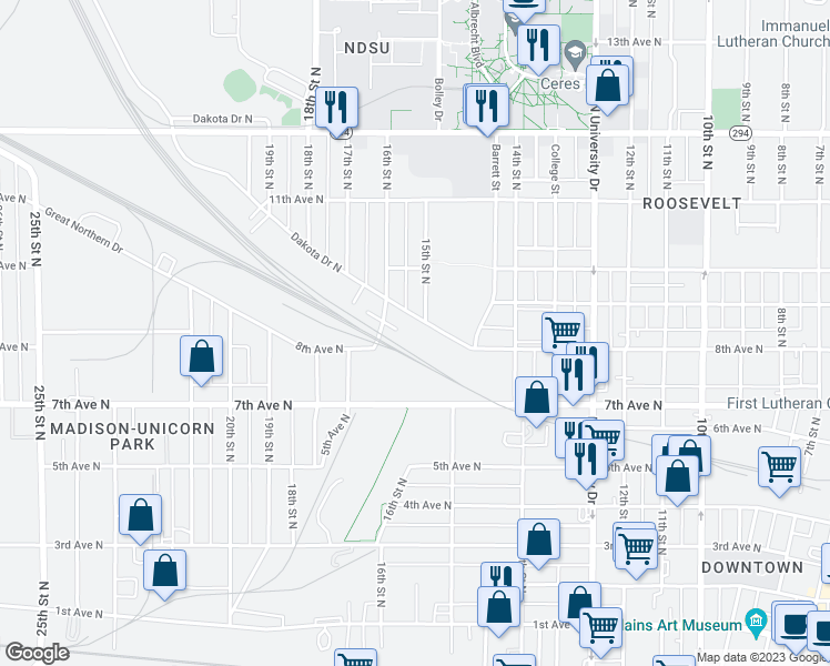 map of restaurants, bars, coffee shops, grocery stores, and more near 1516 Dakota Drive North in Fargo