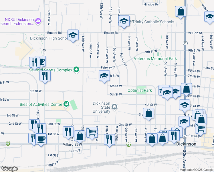 map of restaurants, bars, coffee shops, grocery stores, and more near 599 11th Avenue West in Dickinson